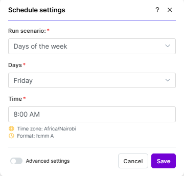 Make.com scenario showing the scheduled trigger