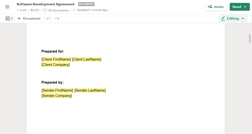 PandaDoc template editor showing placeholder variable fields marked in the document